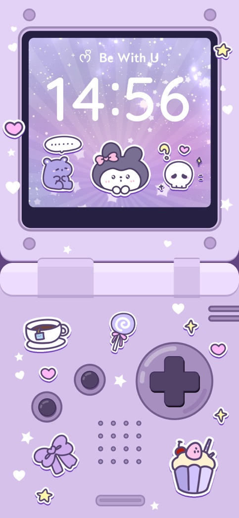 Ein lila Handheld-Konsolen-Wallpaper-Template mit Kawaii-Aufklebern und einem anpassbaren Display-Bereich.