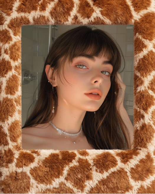 Portrait of a woman inside a thick, fuzzy brown and white giraffe print square photo frame for Y2K style edits.
