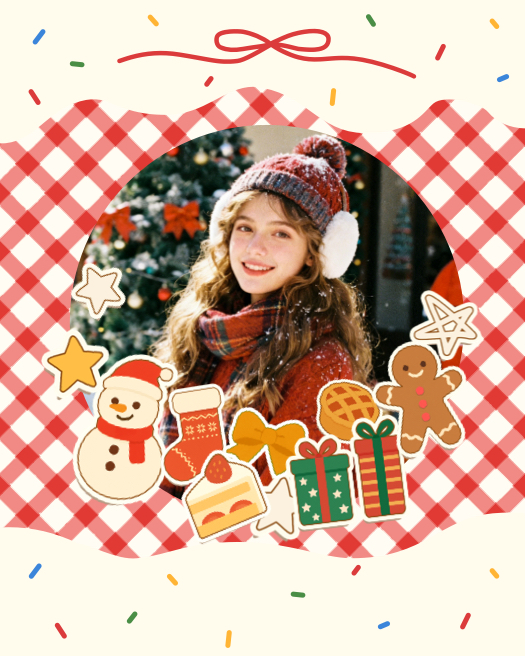 Eine weihnachtliche Fotocollagen-Vorlage mit einem rot-weißen Gingham-Rahmen. Enthält Sticker von Schneemann, Lebkuchenmann und Geschenken auf cremefarbenem Hintergrund.