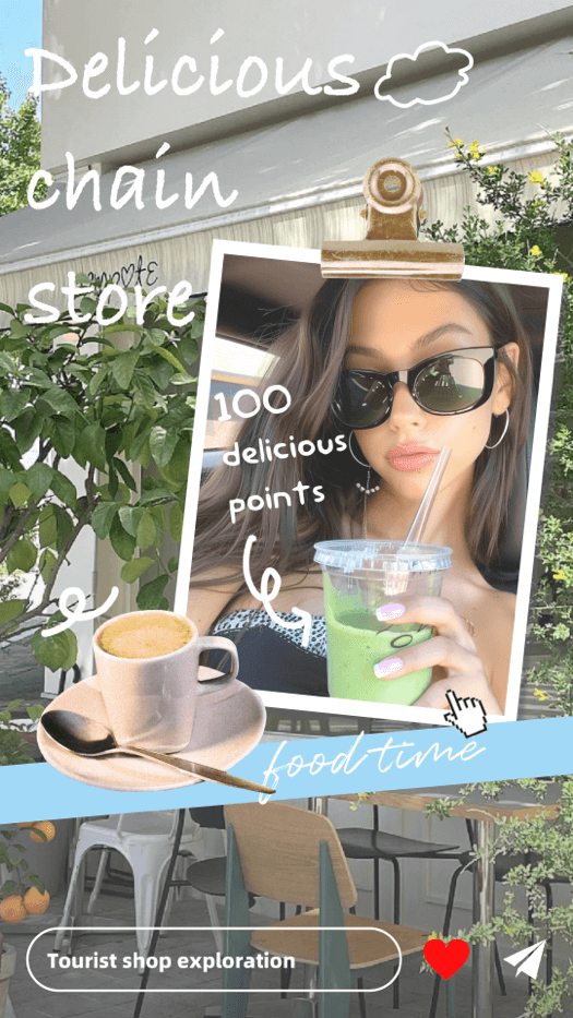 Eine Fotocollage-Vorlage für Mobilgeräte im Scrapbook-Stil. Enthält ein mit einer Klammer befestigtes Foto, eine Kaffeetasse, handschriftliche Texte und Dekorationen wie Wolken und Herzen.