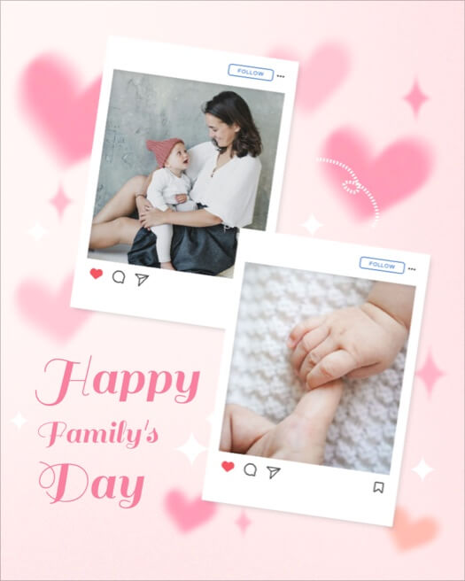 Two photo social media frames on a pink background with soft hearts and Happy Family's Day text.