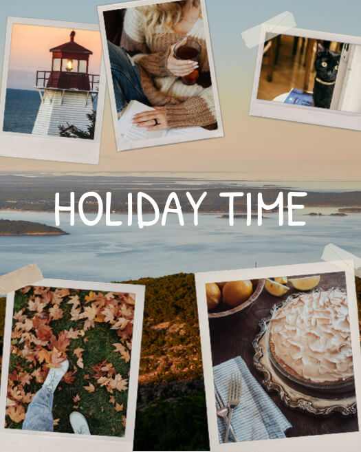 Autumn themed scrapbook collage with five polaroid frames, tape accents, and Holiday Time text over a landscape.