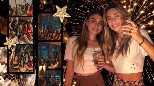 Eine Fotocollage-Vorlage zum Thema Party mit feiernden Menschen, goldenen Glitzersternen, einer Diskokugel und Feuerwerksgrafiken.