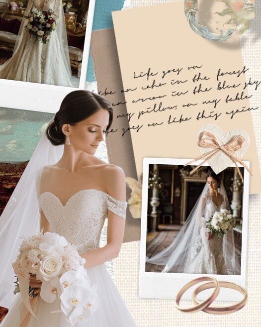 A vintage wedding collage featuring a bride in a lace gown, polaroid photo frames, handwritten script on beige paper, a heart with a twine bow, wedding rings, and a moon illustration.