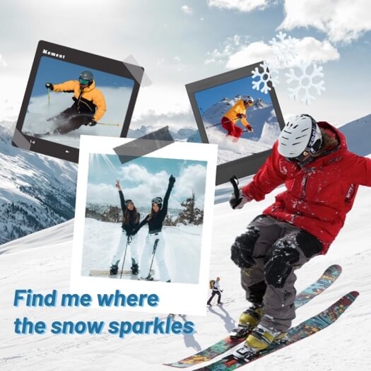 Collage de fotos de temática invernal con cuatro imágenes de esquí y snowboard. El diseño incluye marcos de fotos tipo polaroid, cintas adhesivas decorativas y copos de nieve.