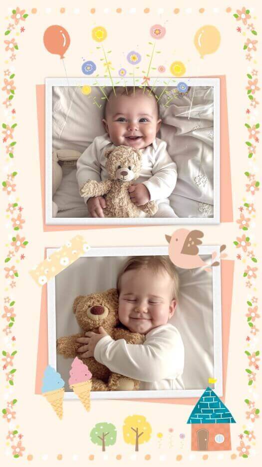 Vertikale 2-Foto-Collage-Vorlage mit Pfirsich-Hintergrund und Blumenrand. Dekorative Elemente wie Luftballons, Vögel, Eiscreme und ein Haus.