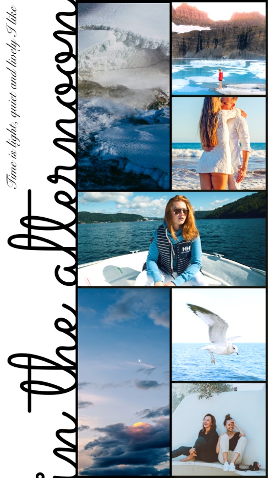 Eine vertikale 7-Foto-Collage mit minimalistischem weißem Rand und dekorativem Schreibschrift-Text auf der linken Seite mit der Aufschrift 'In the afternoon'.