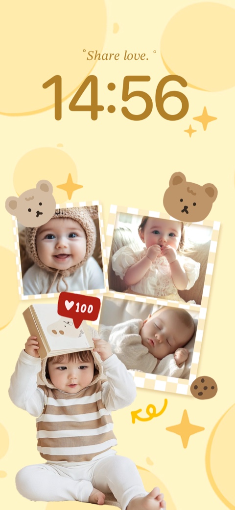 Plantilla de fondo de pantalla DIY amarilla con ilustraciones de osos y cuatro marcos de fotos personalizables para bebés.