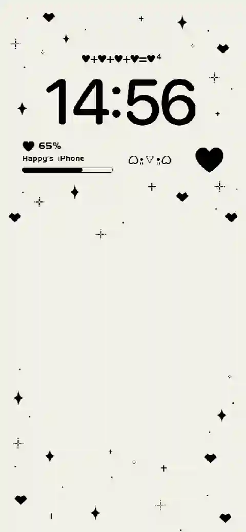 Aesthetic black heart and sparkle live wallpaper template with custom clock and battery widget layout on white background.