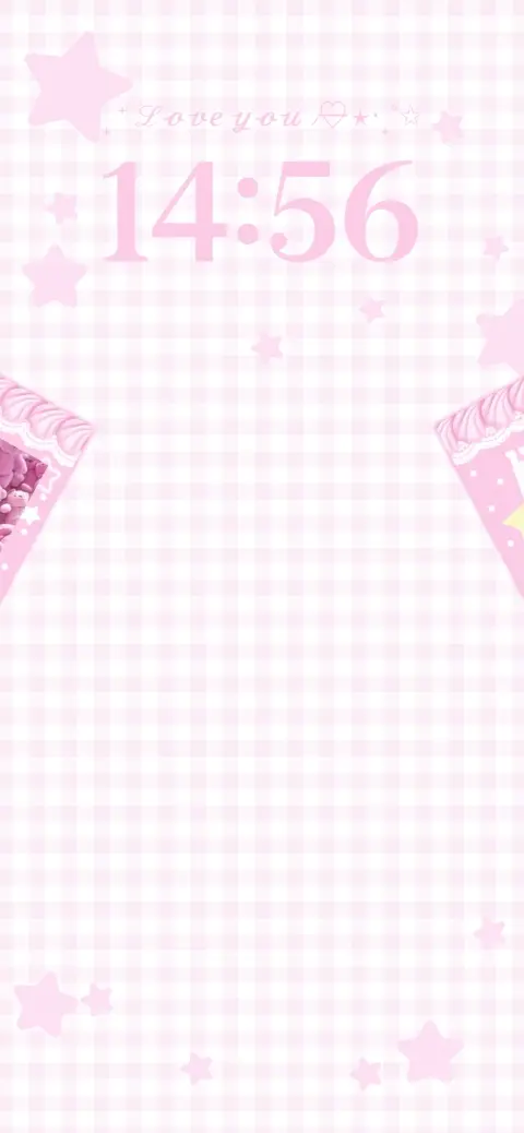 Soft pink gingham pattern live wallpaper template with floating stars and love you text for DIY phone customization.