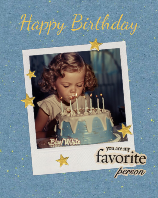 Vintage birthday photo collage with a single Polaroid frame, gold stars, and textured blue background in scrapbook style.