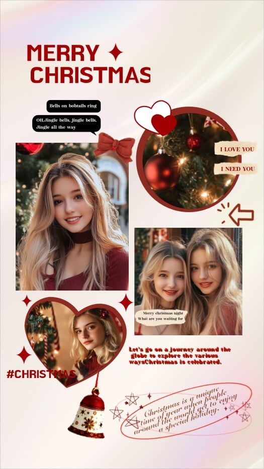 Eine Fotocollage-Vorlage zum Thema Weihnachten mit vier Fotoslots in rechteckigen, kreisförmigen und Herzformen, dekoriert mit roten Glocken und Schleifen.