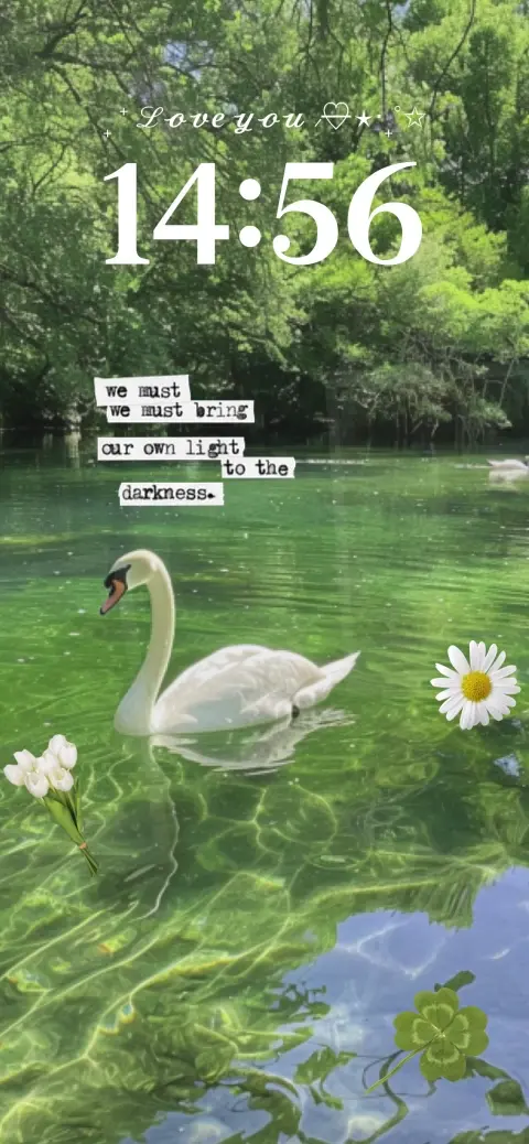 Aesthetic white swan swimming on a green lake with inspirational quote and floral overlays for a live wallpaper template.