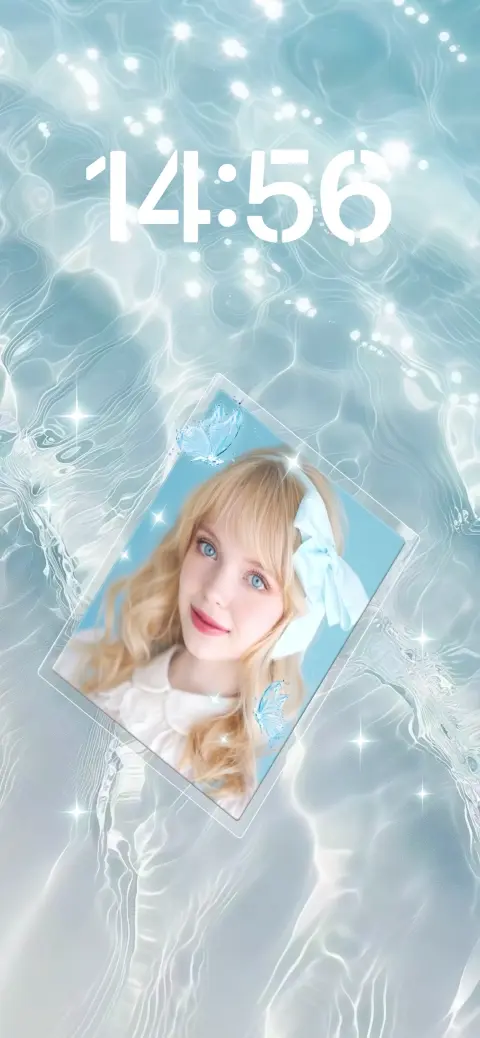 Sparkling blue water ripple live wallpaper with a customizable photo frame and blue butterflies.
