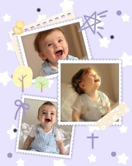 Scrapbook style 3-photo baby collage template with purple background, white stars, and scalloped edge photo frames.