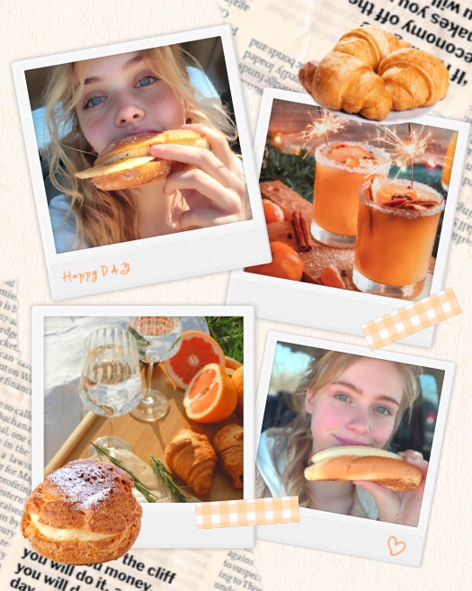 Montage photo style scrapbook avec cadres Polaroid, images de pâtisseries et boissons. Fond de vieux journal et masking tape orange.