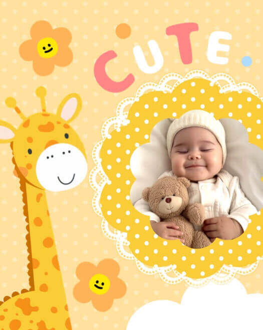 黄色い背景にキリンとにこにこした花が描かれた、レース付き丸型フレームのベビー写真用コラージュ。