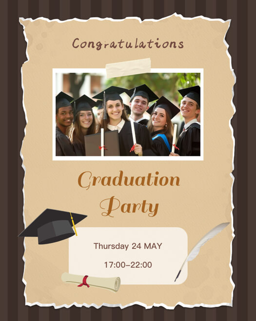 Montage photo d'invitation à une remise de diplômes vintage avec papier déchiré, diplômés, toque et diplôme sur fond rayé.