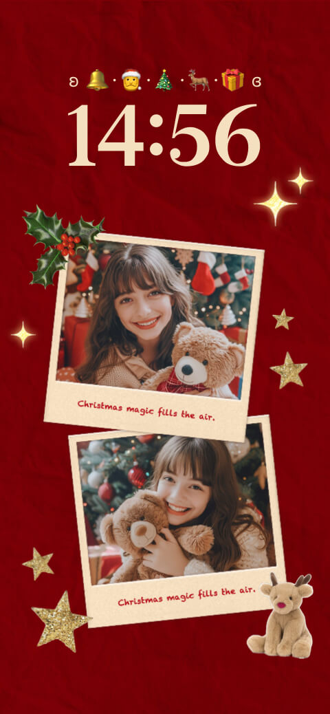 Plantilla de fondo de pantalla de Navidad con marcos de fotos tipo Polaroid y fondo rojo texturizado.