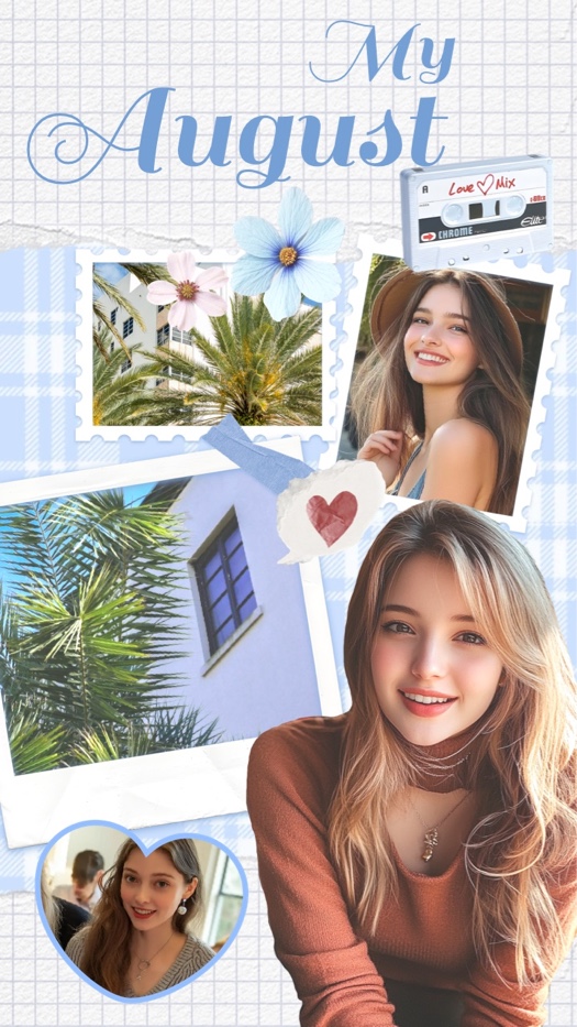 Collage de fotos estilo scrapbook azul con el texto 'My August', pegatinas de casete, flores y un marco de fotos en forma de corazón.