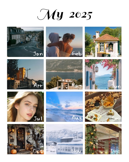 Aesthetic 12-photo grid collage template titled My 2025 with labels for each month from January to December.