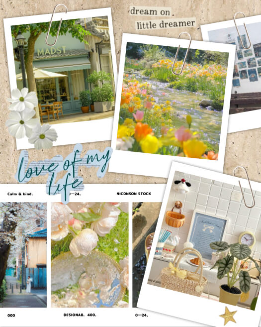 Aesthetic scrapbook collage featuring polaroid photos, paper clips, white flowers, and romantic text on a tan background.