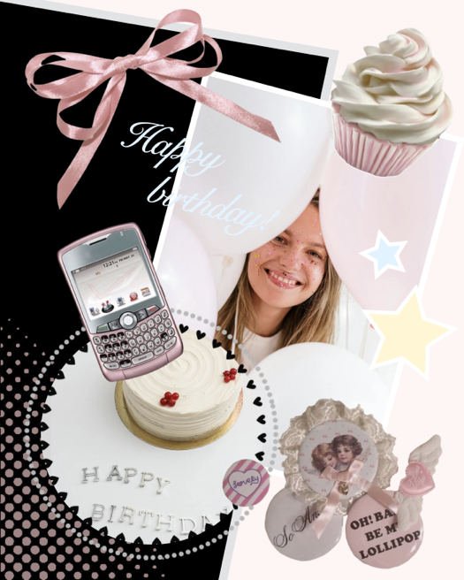 A pink and black Y2K-style birthday collage template with a vintage phone, pink ribbon, cake, and angel buttons.