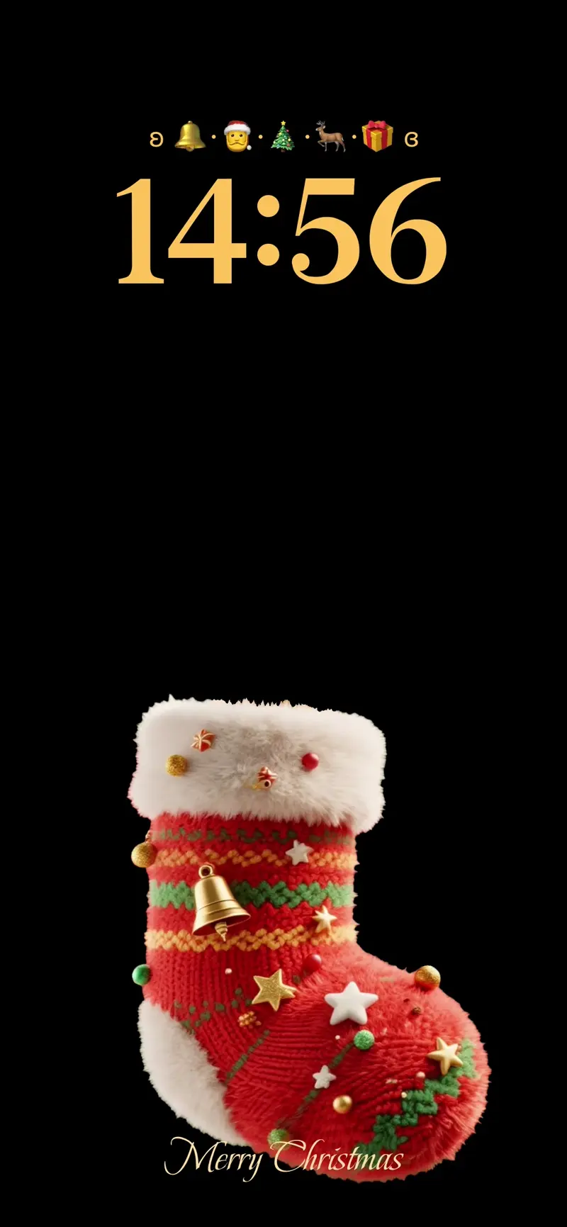 A 3D rendered red and green Christmas stocking with ornaments on a black background, featuring a customizable text area at the bottom and an emoji status bar at the top.