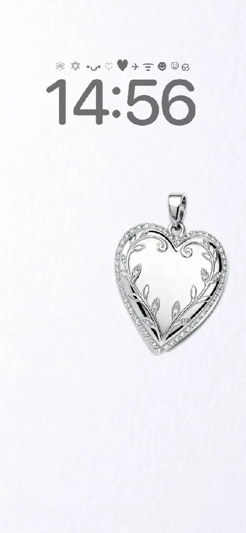Customizable silver heart locket pendant with diamonds on a white live wallpaper background for mobile.