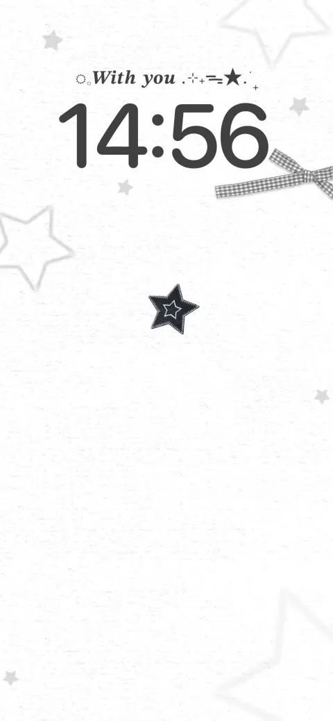 Minimalist white live wallpaper template featuring black stars, a gingham ribbon, and digital clock display.