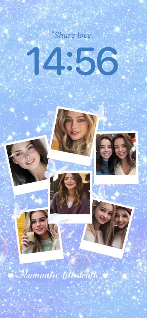 Blue glitter live wallpaper template with polaroid photo collage, butterflies, and sparkling background.