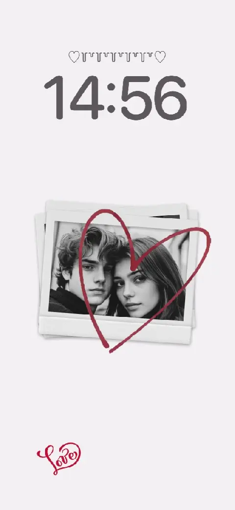Aesthetic black and white polaroid live wallpaper template featuring a romantic couple with a red heart drawing.