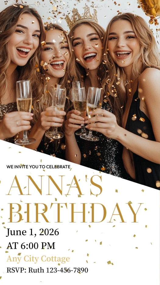 Modèle d'invitation d'anniversaire affichant une photo de quatre femmes souriantes avec du champagne et des confettis dorés.