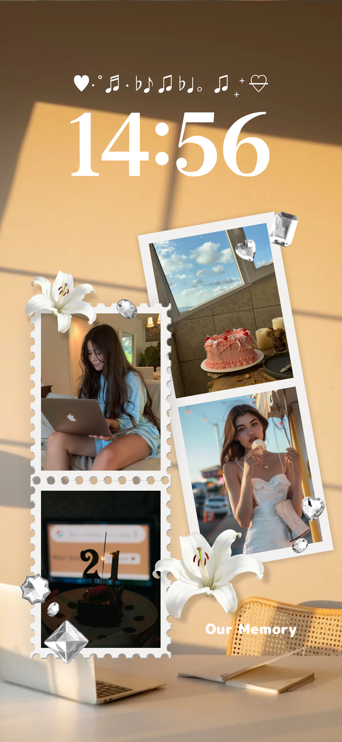 Ästhetische Wallpaper-Vorlage mit Sonnenlicht, Fotorahmen-Einsätzen, Lilien und Diamanten zur Personalisierung.