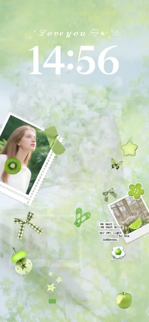 Eine anpassbare Live-Wallpaper-Vorlage im grünen Scrapbook-Stil mit Fotorahmen und Naturmotiven.