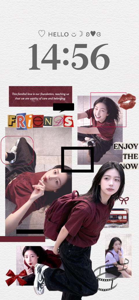 Modèle de fond d'écran personnalisable type scrapbooking avec cadres photo, rubans rouges et cassette audio.