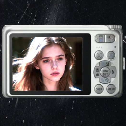 Retro digital camera frame with a photo of a young woman on the LCD screen, Y2K aesthetic collage template.