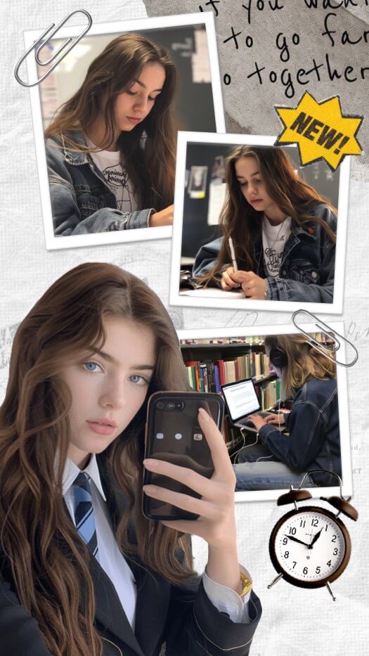 A 4-photo collage template with a vintage paper background, including an alarm clock, paper clips, and a yellow NEW star sticker.