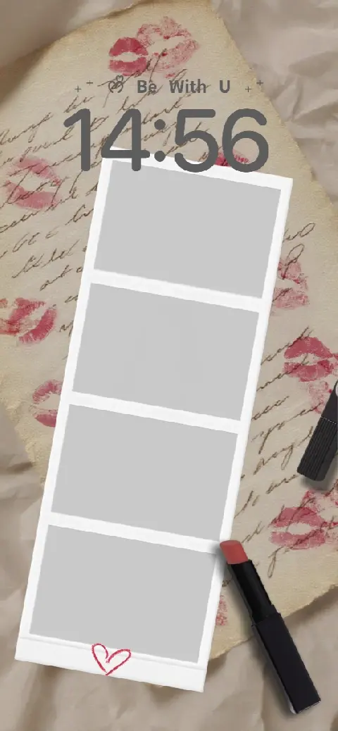 Eine anpassbare Live-Wallpaper-Vorlage mit Vintage-Briefhintergrund, Lippenstift-Kussabdrücken und einem vertikalen Vier-Rahmen-Fotostreifen.