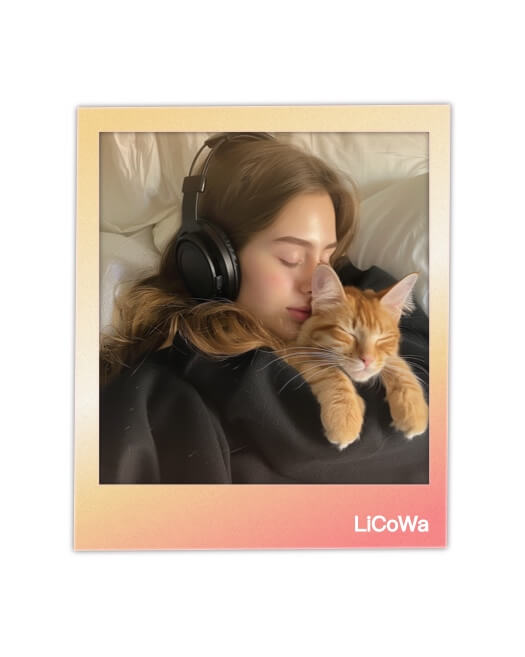 A single-photo polaroid-style collage template featuring a warm yellow and pink gradient border, showcasing a girl with headphones cuddling a ginger cat.