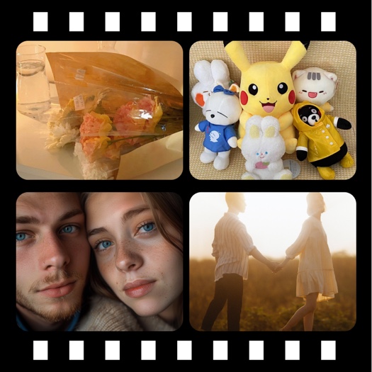 A 4-photo grid collage with a black cinematic filmstrip border featuring flowers, plushies, and couple portraits.