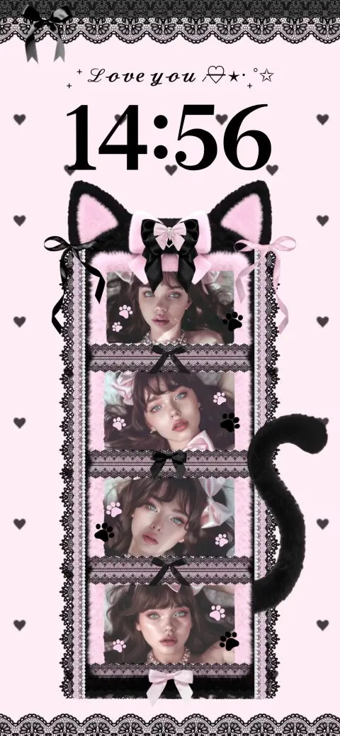 A pink and black coquette-style DIY live wallpaper template featuring four customizable photo slots in a lace-trimmed cat frame.