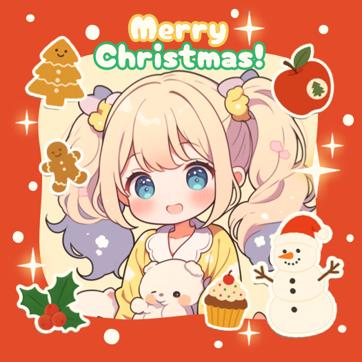 A cute anime girl with blonde pigtails holding a teddy bear, surrounded by Christmas stickers like a snowman, gingerbread man, and holly on a red background with the text 'Merry Christmas!'.