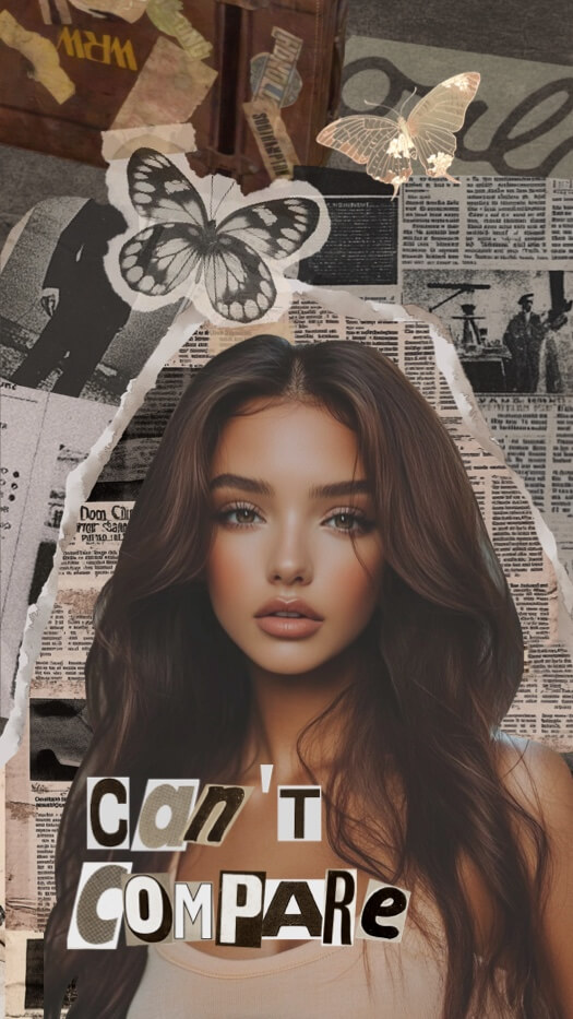 A vertical photo collage with a vintage newspaper background, featuring a portrait of a woman, butterfly stickers, ripped paper textures, and text reading 'CAN'T COMPARE' in cut-out magazine letters.
