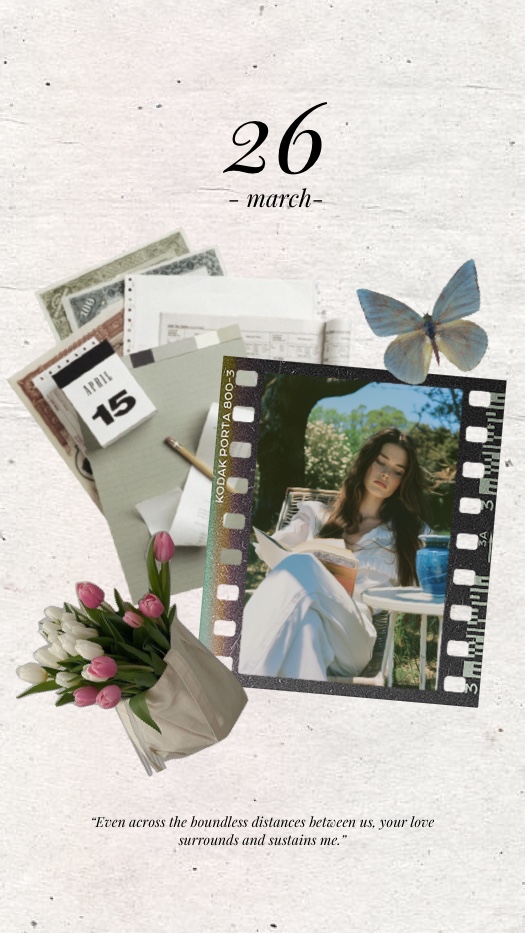 Vintage spring scrapbook collage with a film strip photo frame, butterfly, pink tulips, and old calendar pages.
