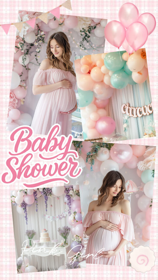 Pink gingham baby shower collage template for a girl with 4 photo slots, balloons, and bunting decorations.