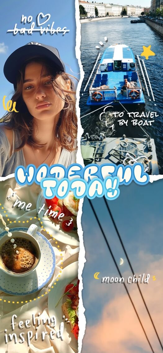 A DIY static wallpaper template featuring a torn-paper collage layout with areas for travel photos, coffee shots, and positive text stickers.