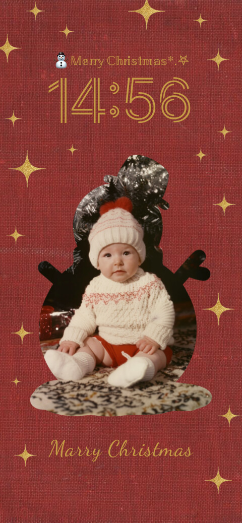 Red textured DIY wallpaper template with gold stars and a snowman-shaped photo frame for customization.