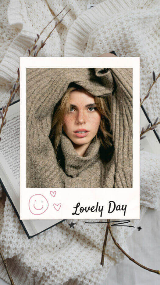 Cozy single-photo Polaroid template featuring a woman in a sweater with Lovely Day text and hand-drawn doodles.