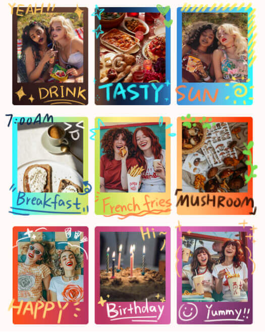 3x3 grid of colorful Polaroid frames with handwritten doodles and text for food and summer lifestyle photos.